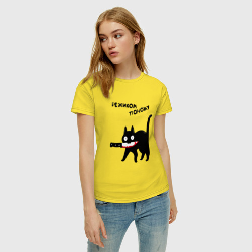 Женская футболка хлопок Режиком поножу cat, цвет желтый - фото 3