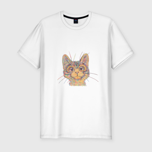 Мужская футболка хлопок Slim с принтом A 018 Цветной кот, вид спереди #2