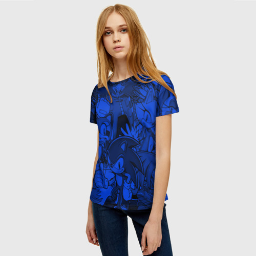 Женская футболка 3D с принтом SONIC BLUE PATTERN | СИНИЙ ЁЖ, фото на моделе #1