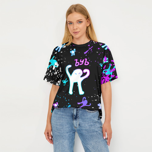 Женская футболка oversize 3D Кот ЪУЪ съука neon, цвет 3D печать - фото 5