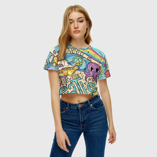 Женская футболка Crop-top 3D All you Need is The Beatles, цвет 3D печать - фото 3