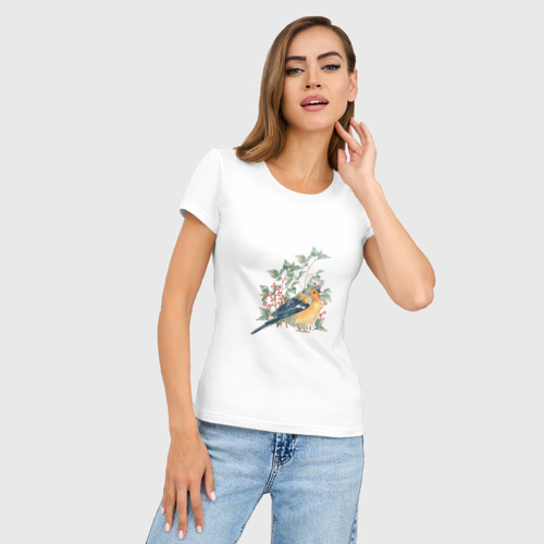 Женская футболка хлопок Slim Снегирь и рябина, цвет белый - фото 3