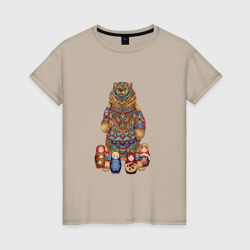 Женская футболка хлопок Медведь и матрёшки