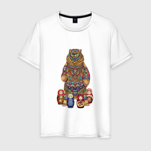 Мужская футболка хлопок Медведь и матрёшки, цвет белый