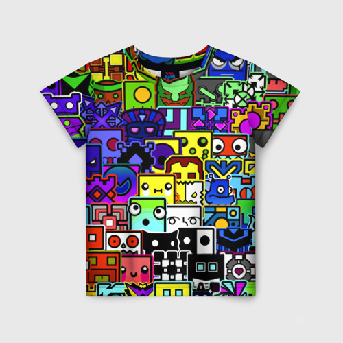 Детская футболка с принтом Geometry Dash все скины, вид спереди №1
