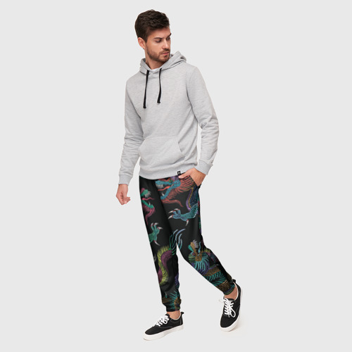 Мужские брюки 3D с принтом Цветные драконы, фото на моделе #1