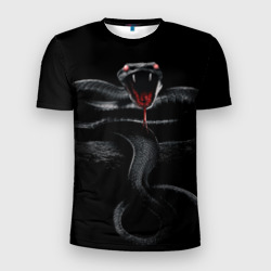 Мужская футболка 3D Slim Змея на камне на черном фоне