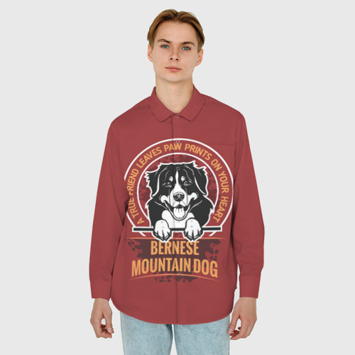 Мужская рубашка oversize 3D Бернский Зенненхунд Bernese Mountain, цвет белый - фото 3