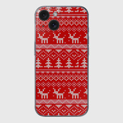 Чехол для iPhone 15 силиконовый с защитой камеры Новогодний узор с оленями и елкой
