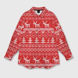 Женская рубашка oversize 3D Новогодний узор с оленями и елкой