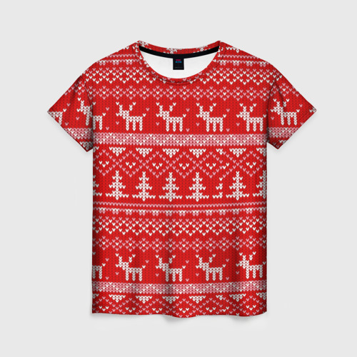 Женская футболка 3D с принтом Новогодний узор с оленями и елкой, вид спереди #2