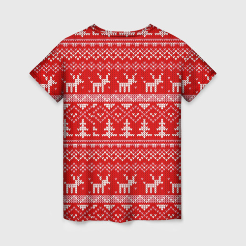 Женская футболка 3D с принтом Новогодний узор с оленями и елкой, вид сзади #1