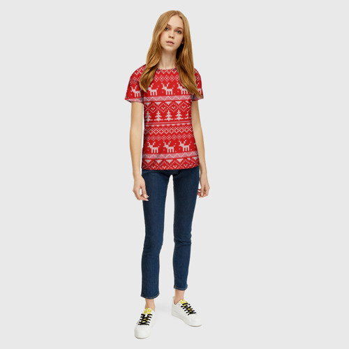Женская футболка 3D с принтом Новогодний узор с оленями и елкой, вид сбоку #3