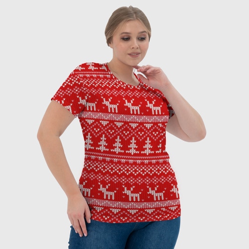 Женская футболка 3D с принтом Новогодний узор с оленями и елкой, фото #4