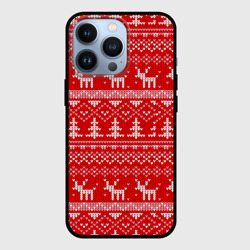 Чехол для iPhone 13 Pro Новогодний узор с оленями и елкой