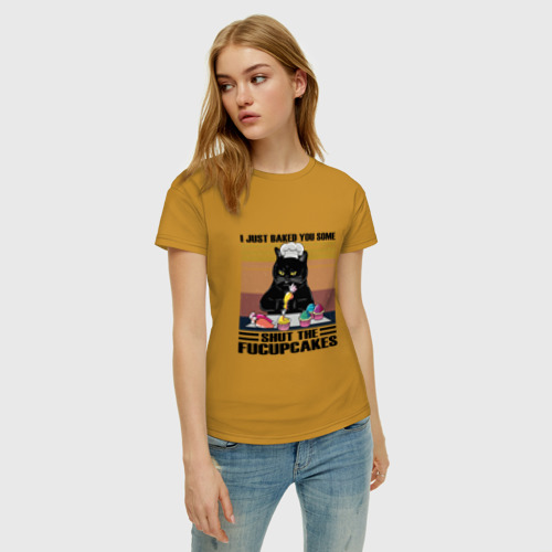 Женская футболка хлопок Кот Злой Повар, цвет горчичный - фото 3