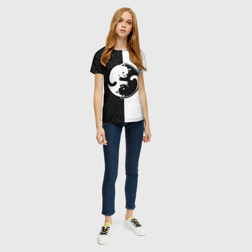 Женская футболка 3D с принтом YIN YANG CATS / ИНЬ ЯНЬ КОТИКИ В ЗВЁЗДНОМ НЕБЕ, вид сбоку #3