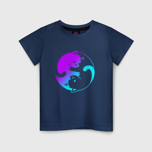 Детская футболка хлопок Неоновые котики Инь Янь, цвет темно-синий