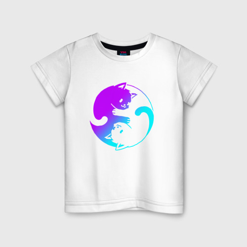 Детская футболка из хлопка с принтом Неоновые котики Инь Янь, вид спереди №1