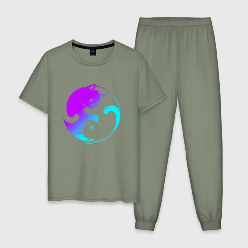 Мужская пижама хлопок Неоновые котики Инь Янь