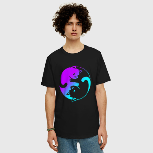 Мужская футболка хлопок Oversize Неоновые котики Инь Янь, цвет черный - фото 3