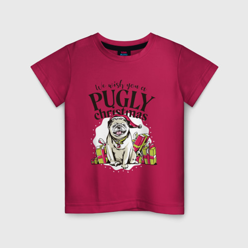 Детская футболка хлопок Pugly Christmas, цвет маджента