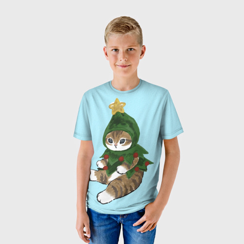 Детская футболка 3D Кот-ёлочка, цвет 3D печать - фото 3