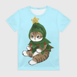 Женская футболка 3D Кот-ёлочка новогодняя