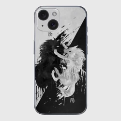 Чехол для iPhone 15 силиконовый с защитой камеры Инь Янь волки чёрно белый