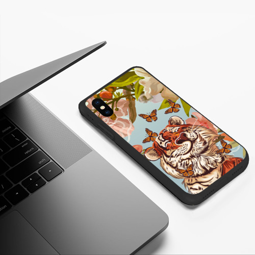 Чехол для iPhone XS Max матовый Тигр и бабочки, цвет черный - фото 5