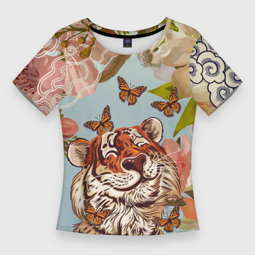 Женская футболка 3D Slim Тигр и бабочки, цвет 3D печать