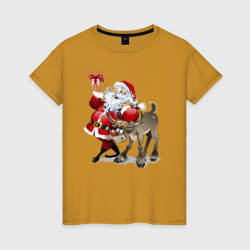 Женская футболка хлопок Прикольный дедуля с подарком и олень