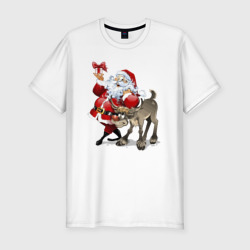 Мужская футболка хлопок Slim Прикольный дедуля с подарком и олень