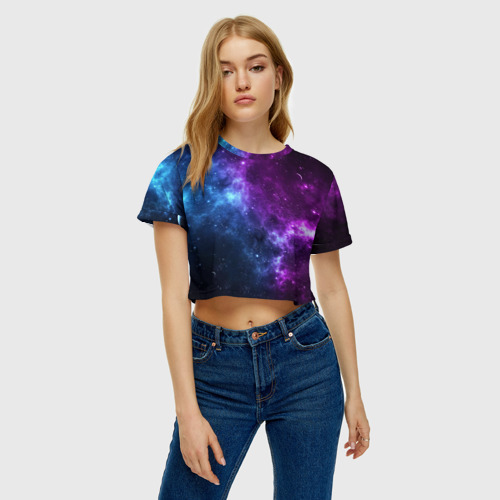 Женская футболка Crop-top 3D Neon galaxy неоновый космос, цвет 3D печать - фото 3