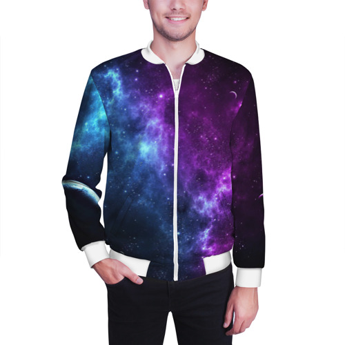 Мужской бомбер 3D Neon galaxy неоновый космос, цвет белый - фото 3