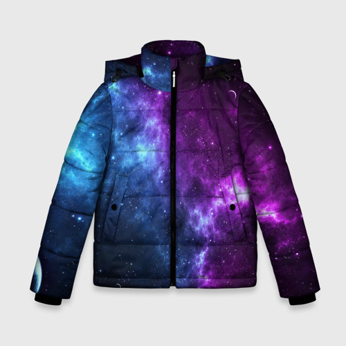 Зимняя куртка для мальчиков 3D с принтом Neon galaxy неоновый космос, вид спереди #2