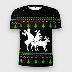 Мужская футболка 3D Slim Новогодние три оленя - ugly sweater