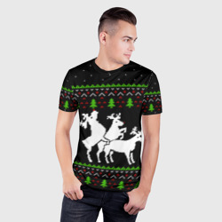 Мужская футболка 3D Slim Новогодние три оленя - ugly sweater - фото 2