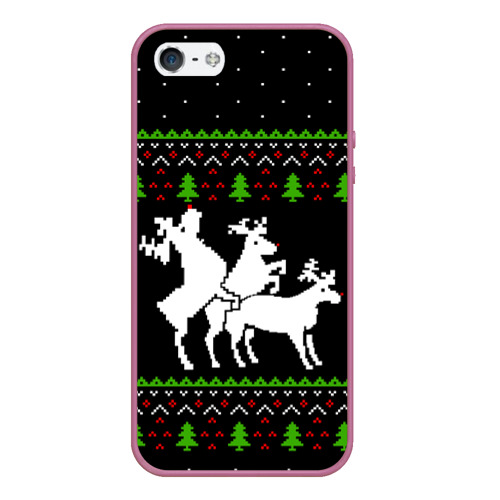 Чехол для iPhone 5/5S матовый Новогодние три оленя - ugly sweater, цвет розовый