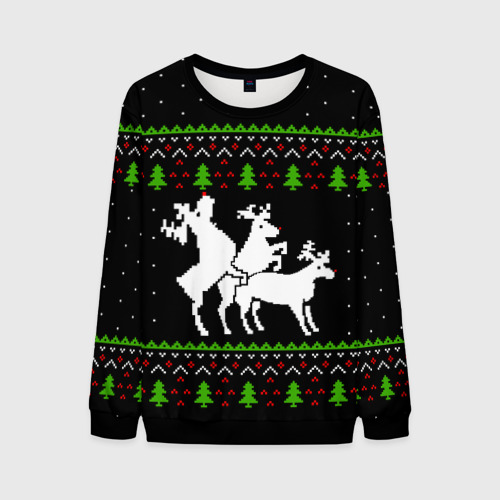 Мужской свитшот 3D Новогодние три оленя - ugly sweater, цвет черный