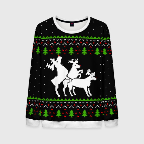 Мужской свитшот с принтом Новогодние три оленя - ugly sweater, вид спереди №1