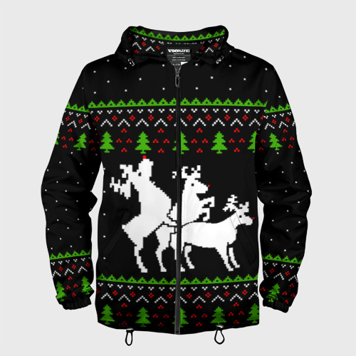 Мужская ветровка 3D Новогодние три оленя - ugly sweater, цвет черный