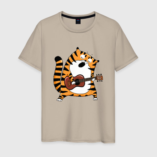 Мужская футболка хлопок Тигр играет на гитаре, цвет миндальный