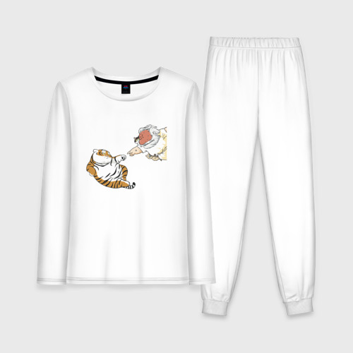 Женская пижама с лонгсливом хлопок Сотворение тигрёнка - пародия на Микеланджело, цвет белый