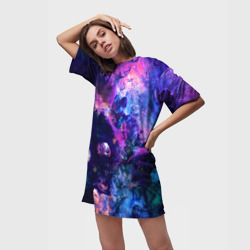 Платье с принтом Неоновые космос neon space для женщины, вид на модели спереди №2. Цвет основы: белый