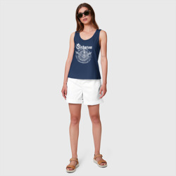Майка с принтом Белый логотип Sabaton для женщины, вид на модели спереди №3. Цвет основы: темно-синий