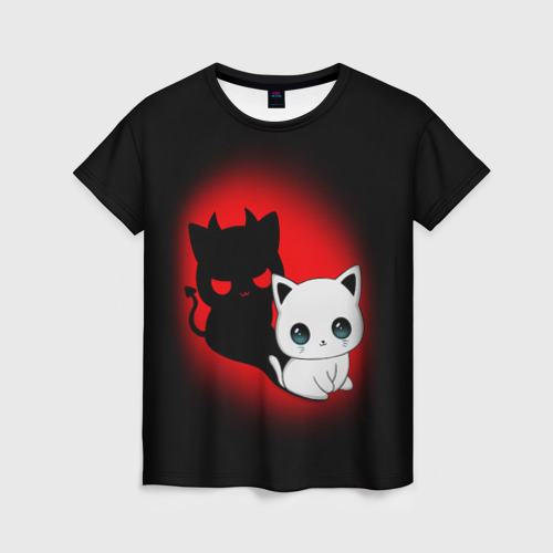Женская футболка с принтом Котик дьявол kitty devil, вид спереди №1