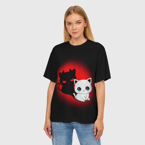 Женская футболка oversize 3D Котик дьявол kitty devil, цвет 3D печать - фото 3