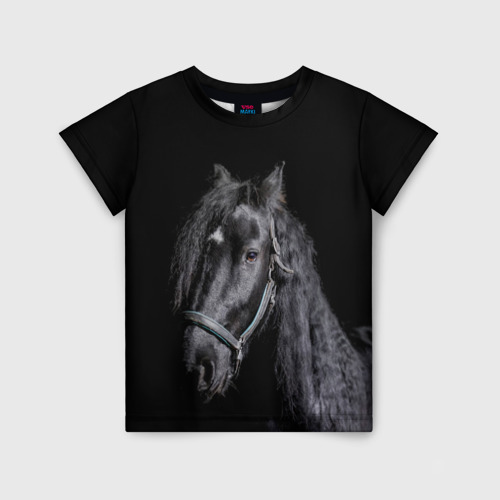 Детская футболка 3D Лошадь на черном фоне, цвет 3D печать