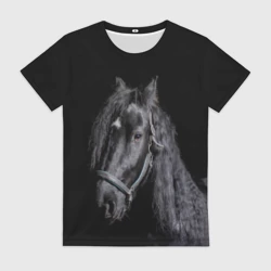 Женская футболка 3D Лошадь на черном фоне